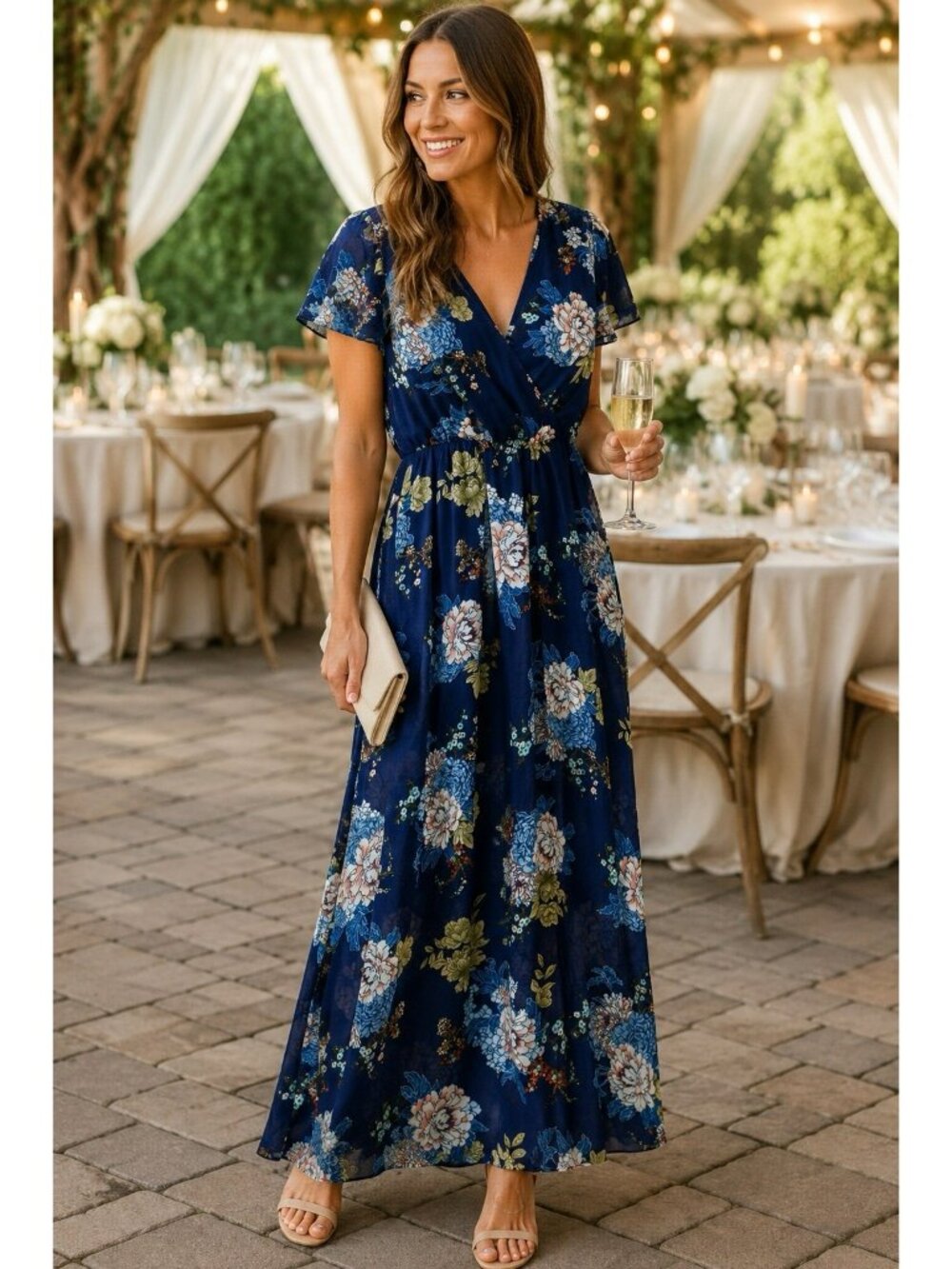 Bailey Blue Womens Navy Floral Maxi Dress V-Neck Flutter Sleeve Size Medium